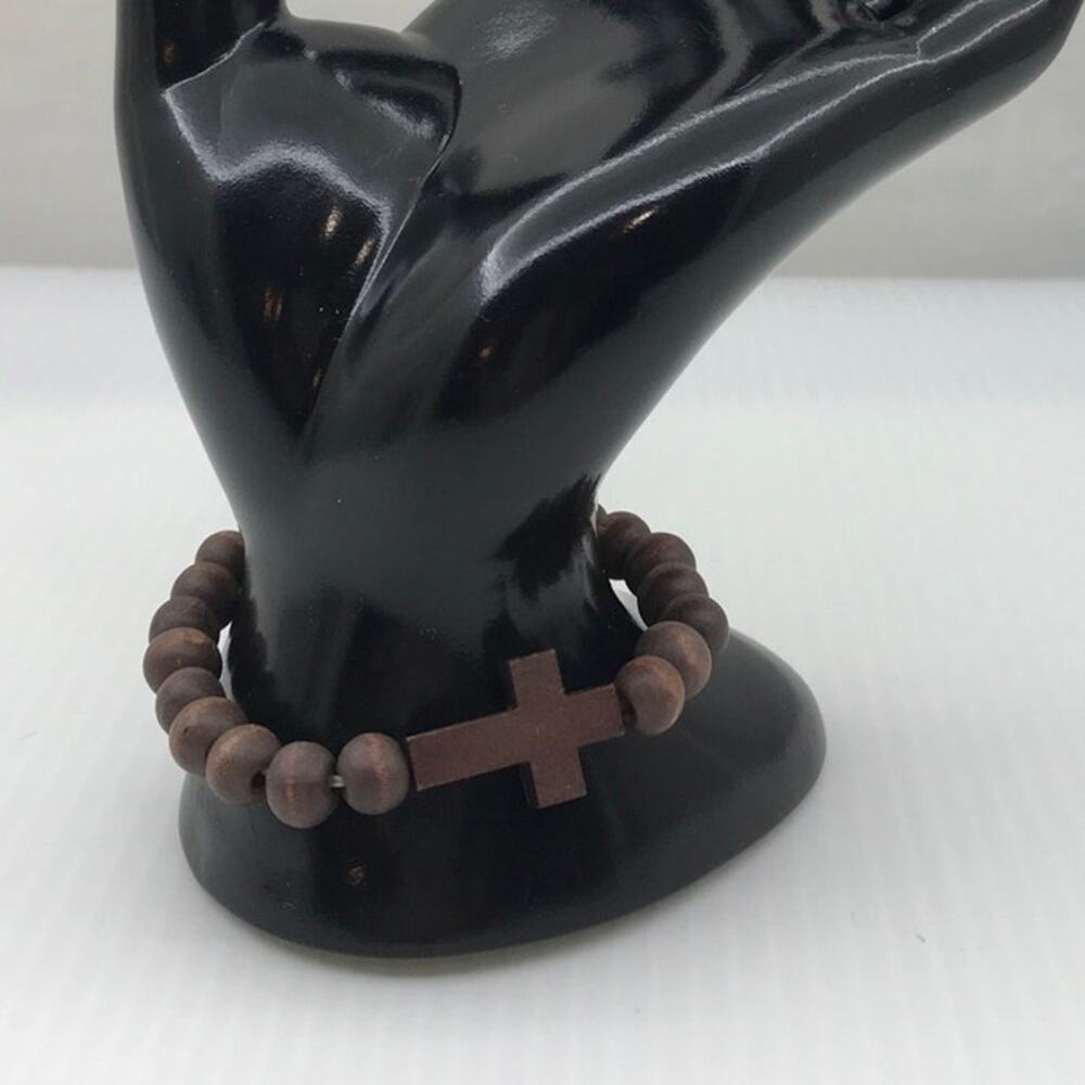 Dark Brown Wooden Lenten Beaded Cross Religious Stretch Bracelet - Picture 2 of 4
